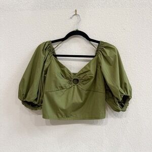 NWT Abercrombie & Fitch Green Puff Sleeve Poplin O-Ring Smocked Crop Size Medium